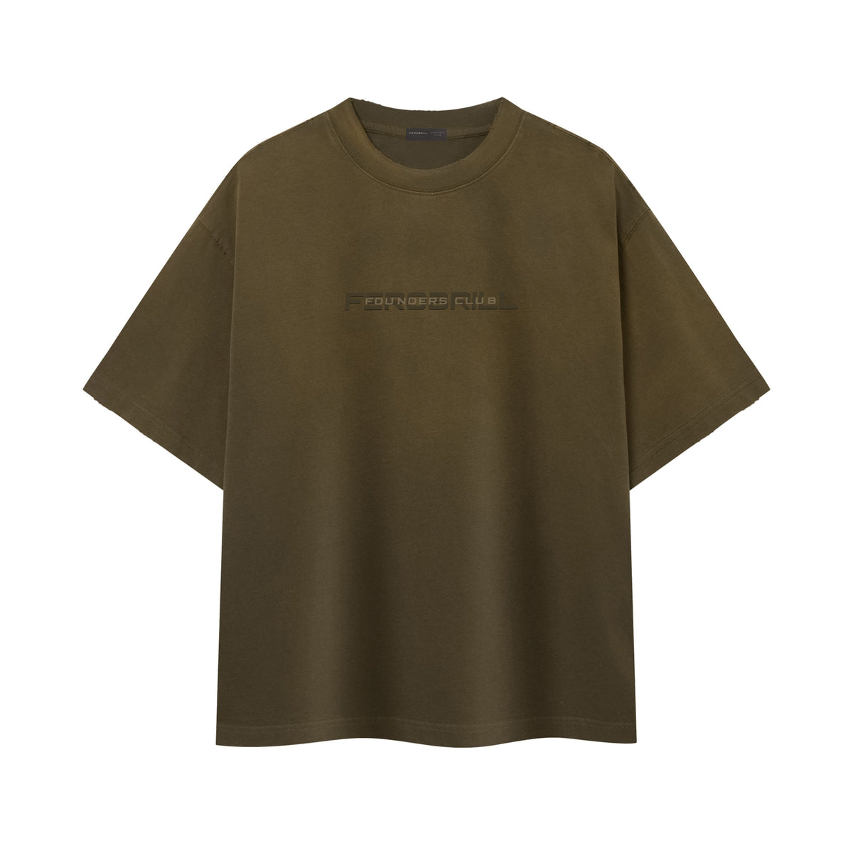 An oversized short-sleeve crewneck t-shirt in olive green, featuring a tonal black horizontal text graphic on the chest that reads 'FOUNDER CLUB'.