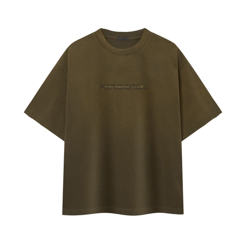 An oversized short-sleeve crewneck t-shirt in olive green, featuring a tonal black horizontal text graphic on the chest that reads 'FOUNDER CLUB'.